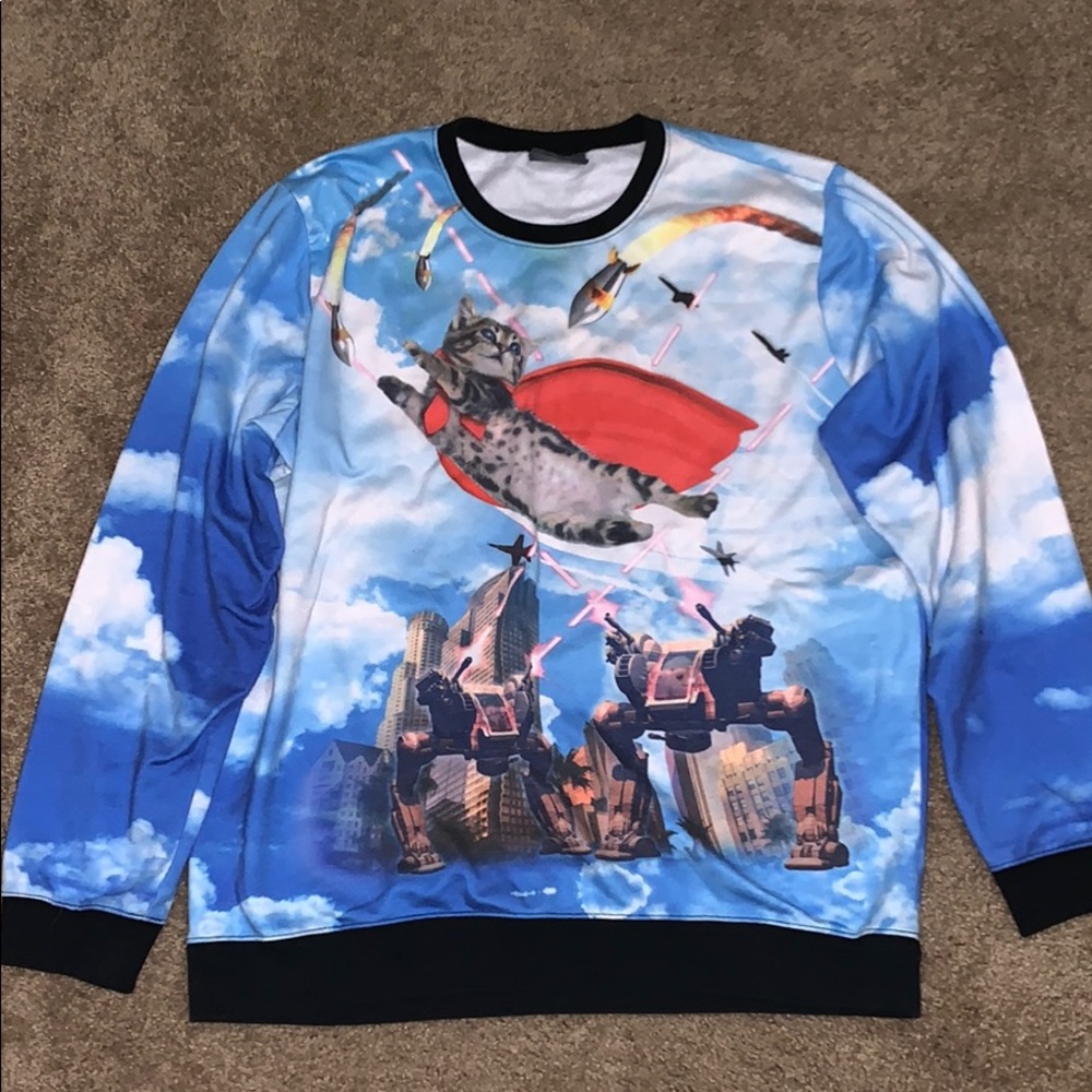 Superman Kitty fights robots pullover
